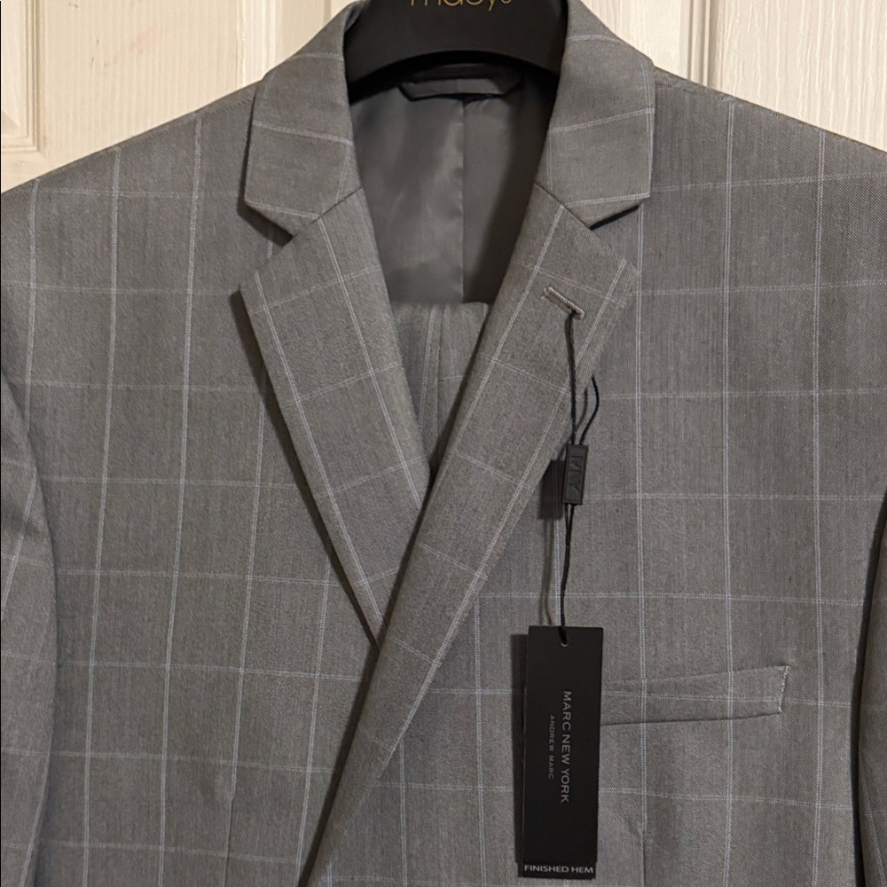 Marc New York Gray Windowpane Suit Jacket with Light Blue Lines